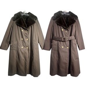 Vtg 1950 Brown Long Winter Overcoat Faux Fur Collar Double Breasted Belt Lined L